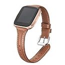 bayite Bands Compatible with Fitbit Versa/Fitbit Versa Lite/Fitbit Versa 2, Brown, (5.3"-7.8") Slim Genuine Leather Band Replacement Accessories Strap Women Men,