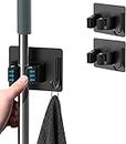 JIALTO 2 PCS Broom Holder Wall Mounted and Mop Holder for Wall Steel/Broom Stick Holder Wall Mounted for Home No Drilling/Broom & Mop Self Adhesive Holder Mop Holder for Wall Without Drilling (Black)