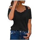 Women Tshirts Graphic,Womens Cold Shoulder Blouse Short Sleeve Tees V Neck Lace Patchwork Tunic Tops, Black, 4X-Large