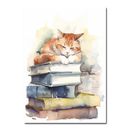 Sleepy Cat Kitten On Books Watercolour Style Wall Art Poster Print