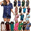 FAVIPT Amazon Warehouse Sale Satin Pajama Set For Women Soft Two Piece Pj Sets Short Sleeve Silk Button Down Shirts Shorts Casual Loungewear Set