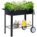 SogesHome Raised Planter Box with Wheels Outdoor Elevated Raised Garden Bed on Wheels Mobile Planter Cart with Storage Shelf for Vegetables, Flowers, Herbs Planting
