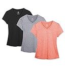 icyzone T-Shirts de Sport Femme à Manche Courtes Tops et Col en V Fitness Yoga Tee Shirt, Lot de 3 (XL, Noire/Cendré/Pêche)