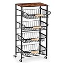 Kitchen Storage Rolling Cart on Wheels, 5 Tier Metal Rolling Utility Cart Mesh Basket Pantry Cart Rack with Wooden Tabletop for Fruit Vegetable Onion Potato Storage