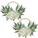Floral Wreaths Artificial 10" with Wood Bead Eucalyptus Leaves Rose Hydrangea Wreaths Farmhouse Wreaths for Front Door Boho Wall Decor 2 Pack - White