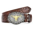 Western Leather Buckle Belt for Men Women Floral Engraved Cowboy Belt Longhorn Bull Buckle Waist Belt for Jeans Pants,A-Brown,Fit Waist Size 27"-34"