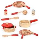 SOKA Wooden Kitchen Red 14PC Cooking Set Interactive Pretend Role Playset Early Developmental Kitchen Miniature Educational Preschool Learning Toy for Children Kids Girls Ages 3 year old +