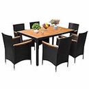 Flamaker 7 Piece Patio Dining Set Outdoor Acacia Wood Table and Chairs with Soft Cushions Wicker Patio Furniture for Deck, Backyard, Garden