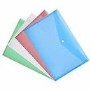 PENNY SAVER A4 Plastic Wallet Document Pockets Clear Folders Filing Popper Wallets Stationary Supplies Button Files for Office Work School College Portable Paper Envelope Assorted Colour (4 Pack)