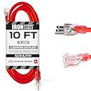 IRON FORGE CABLE 10 Ft Lighted Outdoor Extension Cord - 12/3 SJTW Heavy Duty Red Extension Cable with 3 Prong Grounded Plug for Safety - Great for Garden & Major Appliances