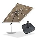PURPLE LEAF 10 Feet Patio Umbrella with Base Outdoor Cantilever Solar Powered LED Square Umbrella Aluminum Offset Umbrella with 360-degree Rotation for Garden Deck Pool Patio, Beige