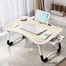 EAQ Laptop Bed Desk,Bed Table Portable Foldable Laptop Bed Tray Table with Cup Holder/Storage Drawer/Bookshelf Board for Bed/Couch/Sofa Working, Reading (Beige)