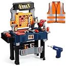Deejoy Kids Tool Bench with Clothe, Toy Workbench with Realistic Tools and Electric Drill, Transformable Kids Tool Set, Toddler Tool Bench Pretend Play Learning Gift for Boys & Girls Age 3-5