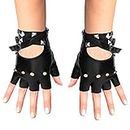 Skeleteen Fingerless Faux Leather Gloves - Black Biker Punk Gloves with Belt Up Closure and Rivet Design for Women and Kids