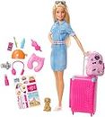 Barbie FWV25​ Travel Doll, Blonde, with Puppy, Opening Suitcase, Stickers and 10+ Accessories, for 3 to 7 Year Olds​​​, Multicolor, 32.0 cm*7.0 cm*23.0 cm
