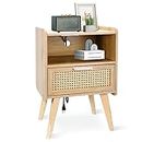 YAUKOMEL Nightstand with Charging Station, Side Table with Drawers, Rattan Furniture, Bed Side Table, End Table, Rattan Nightstand with Boho Desk for Living Room, Natural CAACTG58YE