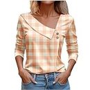 Amazon Order Placed Me Recently Women Tops Spring 2024 Long Sleeve V Neck Loose Shirts Plaid Print Asymmetric Button Blouses Business Casual Tunic Orange