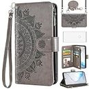 Asuwish Phone Case for Samsung Galaxy Note 10 5G Wallet Flip Cover with Tempered Glass Screen Protector and Mandala Flower Card Holder Stand Cell Note10 Notes 10s Ten Not S10 Women Girls Gray