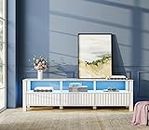 WAMPAT White TV Stand with Blue/Yellow LED Light, Modern Entertainment Center for 75 Inch TV Console Table with Storage Cabinet & Open Shelf, Television Stands for Living Room Bedroom, 70"