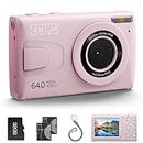 4K Digital Camera with 32GB Card 64MP Vlog Camera 18X Zoom 2 Batteries Compact Portable Small Point and Shoot Cameras Gift for Kid Student Children Teen Girl Boy Pink