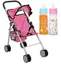 fash n kolor - My First Baby Doll Stroller - Pink Polka Dot Doll Stroller with Basket- Soft Grib Handle. Foldable with Hood Toy Doll Pram Baby Doll Accessories. With 2 Free Bonus Doll Bottles Included