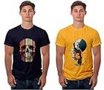 Boodbuck Pure Cotton Regular Fit Oversized Printed Round Neck T Shirts for Men Combo Pack of 2 (Color : Navy Blue & Mustard, Size- XXX-Large) SKU DP2-803-904-3XL