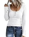 Lime Flare Women Long Sleeves Ribbed Knit Tunic Tops Casual Dressy Rib Crewneck Buttoned T-Shirt Blouses (White,Medium)