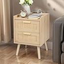 Finnhomy Nightstand with Charging Station, Bedside Table with 2 Hand Made Rattan Decorated Drawers, Night Stand with Storage for Bedroom, Natural