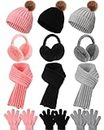 Suhine 12 Pcs Warm Earmuffs and Hat Scarf Gloves Set Winter Warm Hat and Gloves Neck Warmer Soft Plush Ear Muffs for Kids Aged 3-10 (Pink Black Gray)