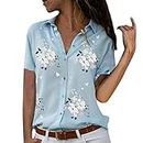Lazzboy Women Tops Shirt Plus Size Floral/Leopard Print Long Sleeve/Short Sleeve Loose Button Ladies Blouse(XL(14),Light Blue-Short Sleeve)