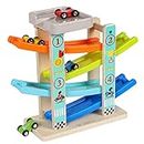 TOWO Wooden Car Ramp Toy- Zig Zag Car Slide with 4 Wooden Cars & Roof Top Car Park Playsets-Click Clack Track Wooden Car Toys for Toddlers -Racing Car toys for Kids Boys Girls 1 2 3 4