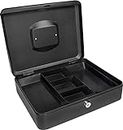 Delzon 10 Inch Cash Box with Key; Security Safe Metal Locker Box; Money Tray and Coin Register Drawer Storage Box (Black Color)