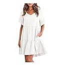 Plus Size Cotton-Blend V Neck Casual Short Sleeve Weaving Dress,Summer Fashion Loose Solid Pleated Flowy Midi Beach Dress for Women (White,L)