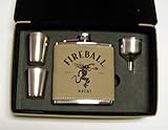 Fireball Leather 6 oz stainless steel flask gift set with 2 shot glasses and a funnel in a leather gift box