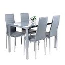 Dining Table and Chairs Set of 4,Glass Grey Kitchen Table and 4 Faux Leather Padded Chairs Kitchen Dining Table Set