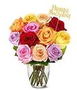 From You Flowers - One Dozen Rainbow Roses with Birthday Pick with Glass Vase (Fresh Flowers) Birthday, Anniversary, Get Well, Sympathy, Congratulations, Thank You