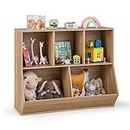 HONEY JOY 5-Cubby Kids Toy Storage Organiser, Wooden Children Bookcase Bookshelf with Footboard, Anti-Tipping Kits, Toy Storage Cabinet Display Rack for Playroom, Bedroom, Kids Room (Natural)