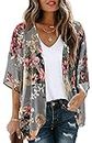 Women's Floral Print Puff Sleeve Kimono Cardigan Loose Cover Up Casual Blouse Tops(Dark grey,L)