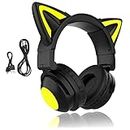 Bluetooth Headphones,Cat Ear LED Light Up Wireless Foldable Headphones Over Ear with Microphone and Volume Control for Phone/Laptop/PC/Tablet,Stereo Headset,for Girls and Boys(Black)