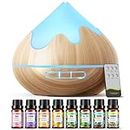 500ml Essential Oil Diffusers with Top 8 Oils Gift Set, Aroma Diffuser with Remote Control, Ultrasonic Humidifier for Home Office, Waterless Auto Shut-Off, 4 Timers, 15 Colors