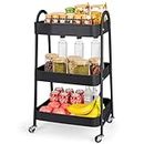 NEWHEY Utility Cart with Wheels 3 Tier Rolling Cart Organizer Kitchen Cart Metal Storage Cart for Home Office Bathroom Book Cart Lockable Craft Cart Trolley Art Cart with Handle, Mesh Baskets Black