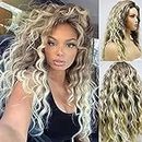 Wavyvigs Long Blonde Wavy Wigs for White Women Fluffy Soft Loose Curly Hair Ash Blonde Wavy Natural Wig Dark Messy Root Synthetic Ombre Blonde Curly Wig