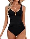 BMJL Women's Tummy Control Swimsuits Ruched Slimming One Piece Bathing Suit Deep V Neck Swimsuit, Black039, Medium