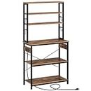 Rolanstar Baker's Rack with Power Outlet, Microwave Oven Stand with 10 Hooks, Stable Coffee Bar Table, 6-Tier Kitchen Storage Shelf Rack, Kitchen Utility Rack with Hutch,Rustic Brown