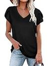 WIHOLL Womens Summer Tops and Blouses Casual V Neck Short Petal Cap Sleeve T Shirts Basic Tee Black M