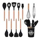 FIOUSY Kitchen Utensil Set, 12 PCS Silicone Cooking Utensils Set with Wooden Handle, Heat Resistant, Nonstick Cookware Tongs Spatula Spoon Set, Dishwasher Safe, Best Kitchen Tools (Black)
