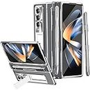 (New) Miimall for Samsung Galaxy Z Fold 4 Case with S Pen & Pen Holder, One-Piece Design for Fold 4 Case with Screen Protector & Kickstand Luxury Crystal Clear Case for Galaxy Z Fold 4 (Silver)