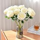 Avoik Artificial Flowers Rose Bouquet White Fake Silk Flower Roses with Stem Realistic Rose Faux Flowers for Vase Wedding Party Christmas Home Decor Table Centerpiece, 12pcs(White)