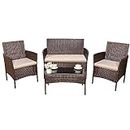 Devoko 4 Pieces Outdoor Patio Furniture Set, PE Rattan Wicker Chairs Balcony Lawn Porch Patio Furniture Sets with Beige Cushion and Table (Brown)