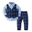Boys 3Pcs Clothing Sets Elegant Long Sleeve Shirts + Vest with Flower+Pants Party Suit (Blue 2, 6-12 Months)